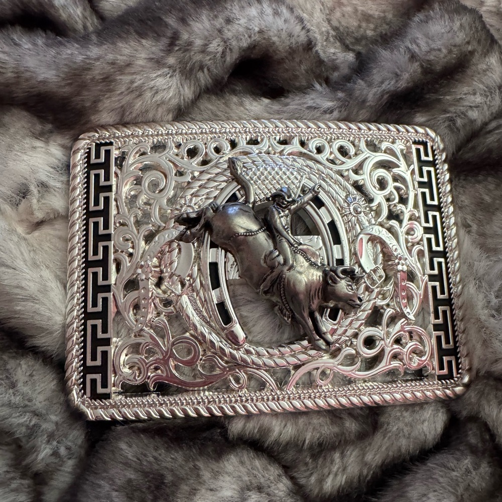 Silver Bull Rider Rodeo Square Western Belt Buckle